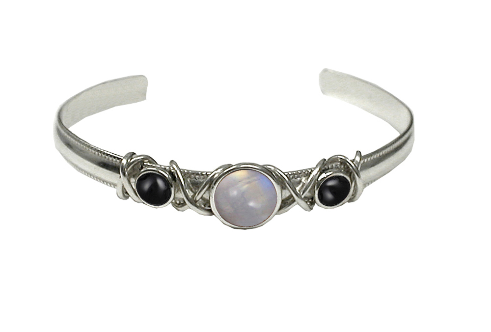 Sterling Silver Hand Made Cuff Bracelet With Rainbow Moonstone And Black Onyx